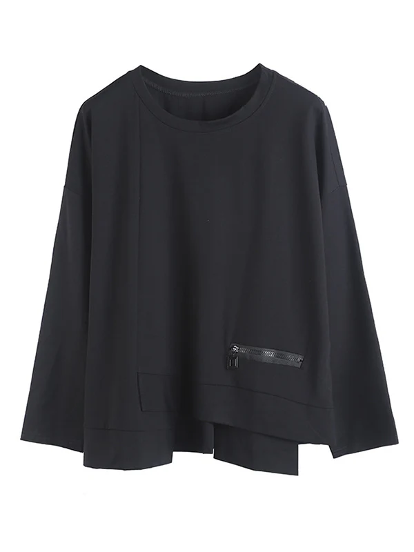 Solid Color Asymmetric Split-Joint Zipper Loose T-Shirt - Image 12