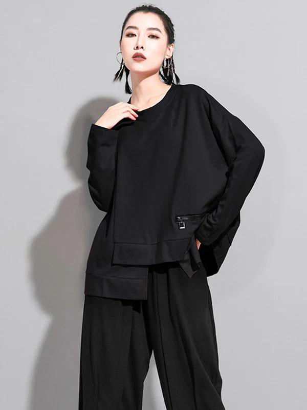 Solid Color Asymmetric Split-Joint Zipper Loose T-Shirt - Image 2
