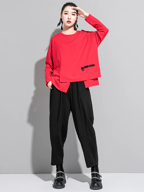 Solid Color Asymmetric Split-Joint Zipper Loose T-Shirt - Image 3