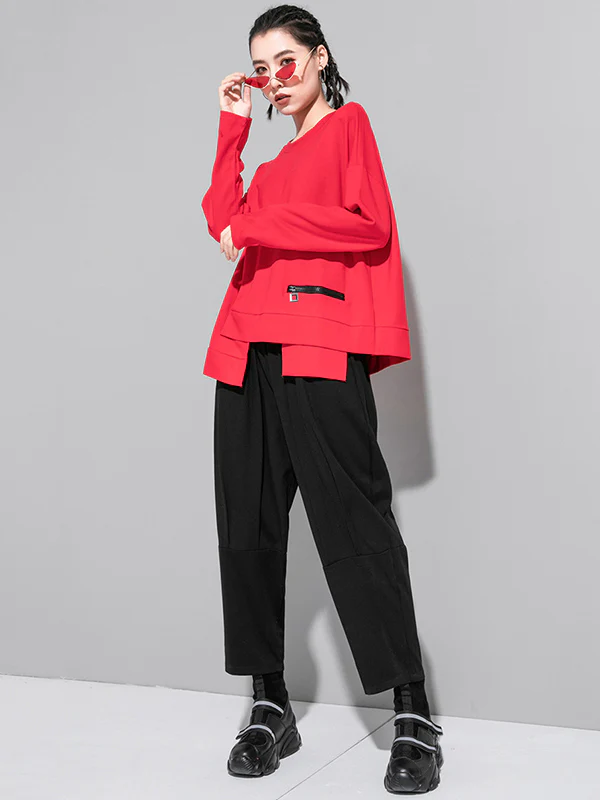 Solid Color Asymmetric Split-Joint Zipper Loose T-Shirt - Image 4