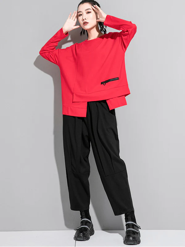 Solid Color Asymmetric Split-Joint Zipper Loose T-Shirt - Image 5