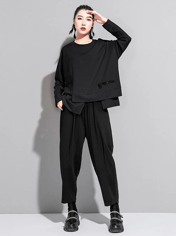 Solid Color Asymmetric Split-Joint Zipper Loose T-Shirt - Image 6