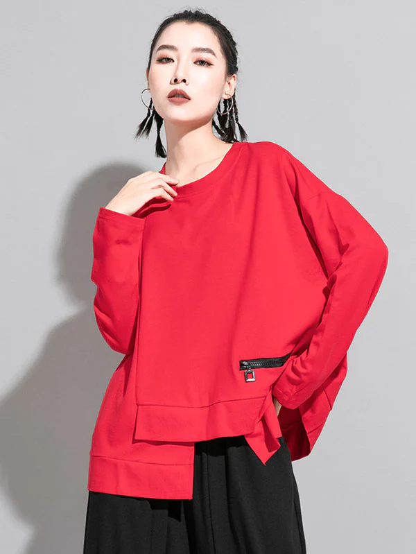 Solid Color Asymmetric Split-Joint Zipper Loose T-Shirt - Image 7