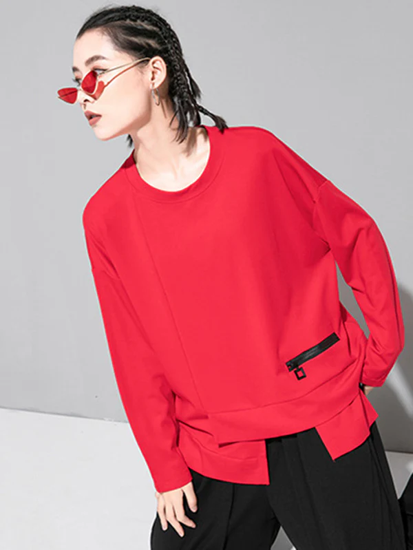 Solid Color Asymmetric Split-Joint Zipper Loose T-Shirt - Image 8