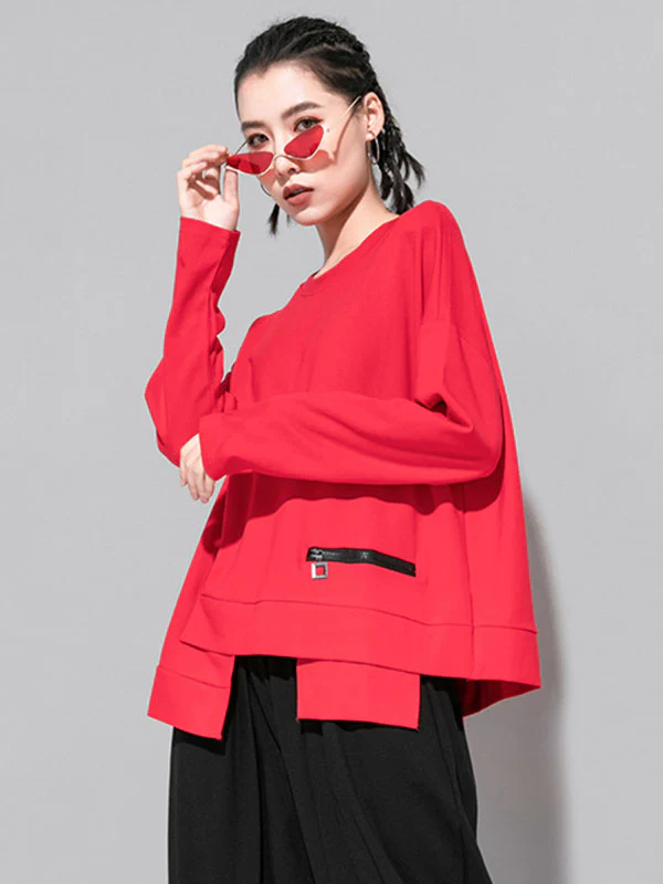 Solid Color Asymmetric Split-Joint Zipper Loose T-Shirt - Image 9