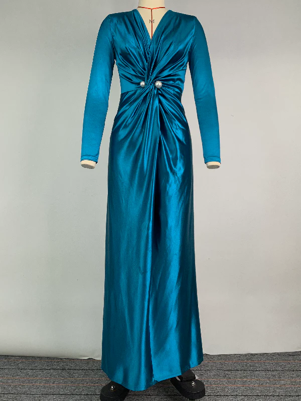 Solid Color Bodycon Long Sleeves Pleated Split-Front Tied Waist Deep V-Neck Maxi Dresses - Image 3