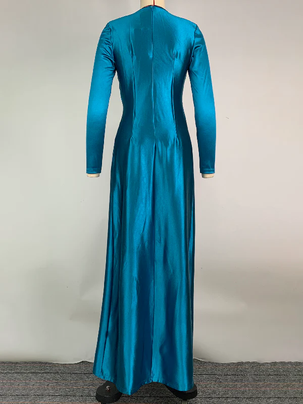 Solid Color Bodycon Long Sleeves Pleated Split-Front Tied Waist Deep V-Neck Maxi Dresses - Image 4