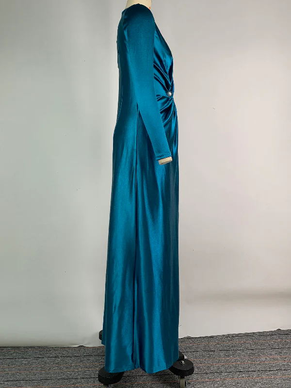 Solid Color Bodycon Long Sleeves Pleated Split-Front Tied Waist Deep V-Neck Maxi Dresses - Image 5