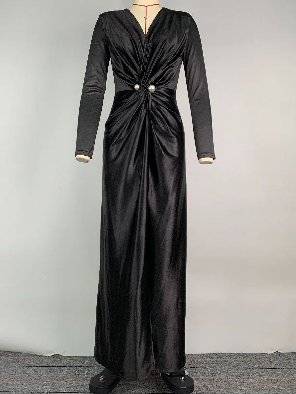 Solid Color Bodycon Long Sleeves Pleated Split-Front Tied Waist Deep V-Neck Maxi Dresses - Image 6