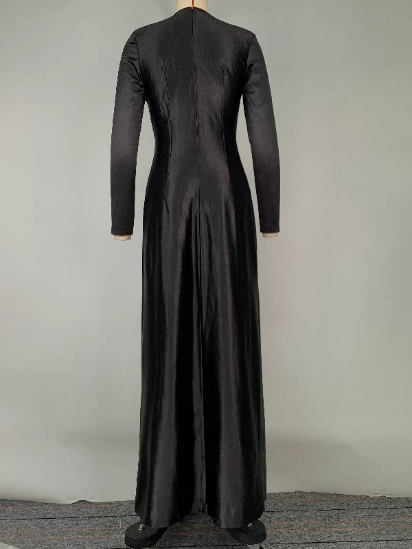 Solid Color Bodycon Long Sleeves Pleated Split-Front Tied Waist Deep V-Neck Maxi Dresses - Image 8
