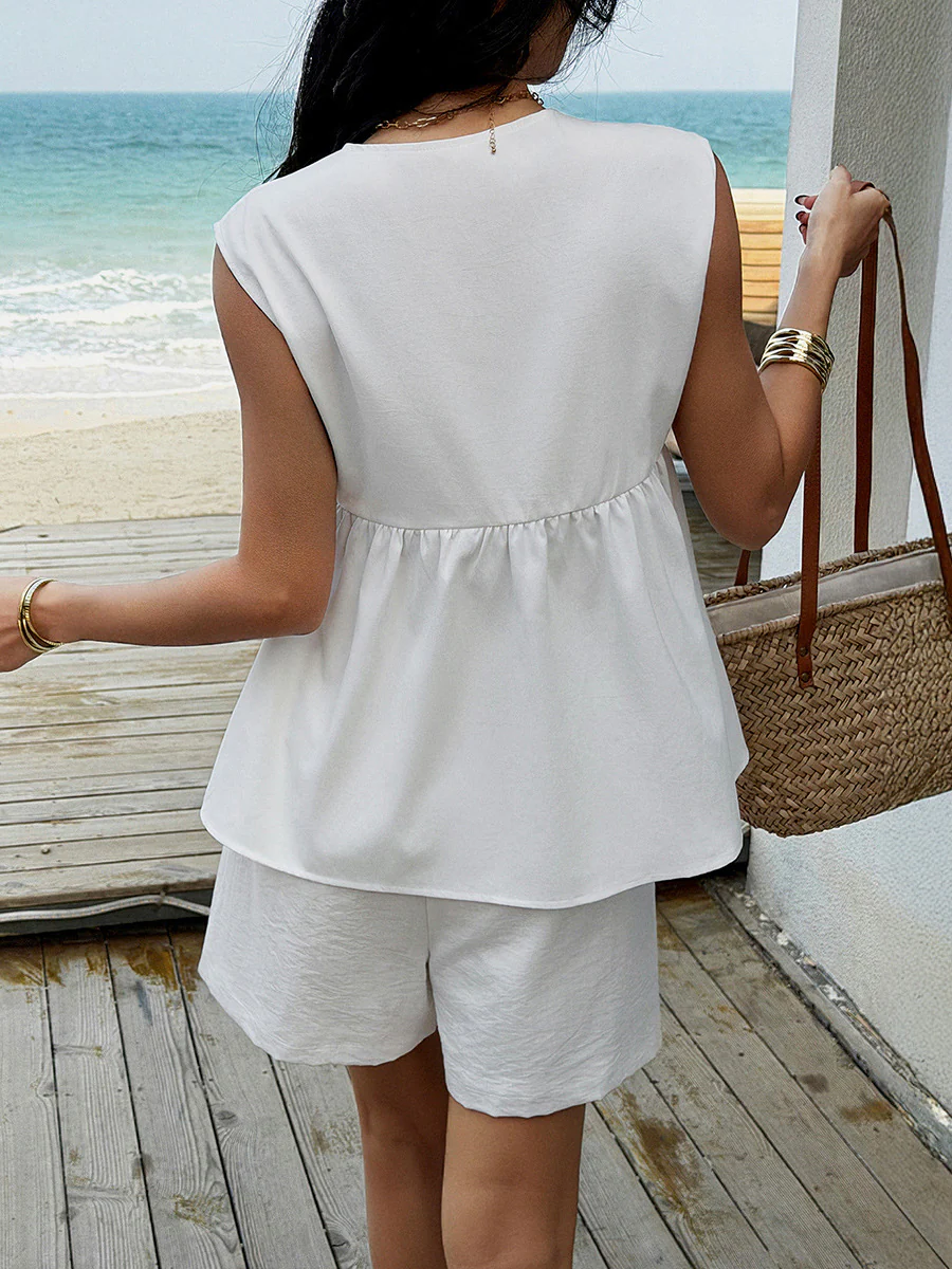 Solid Color Elasticity Pleated Ruffled Split-Joint Tied V-Neck Sleeveless Blouses&Shirts Tops + Shorts Two Pieces Set - Image 3