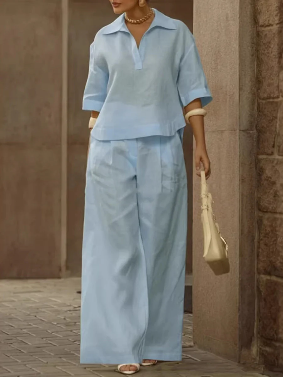 Solid Color Half Sleeves Lapel Blouses&Shirts Tops +  High Waisted Pleated Trousers Pants Two Pieces Set - Image 2