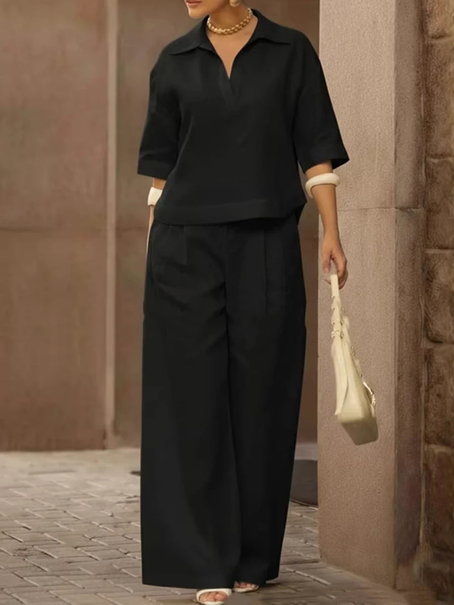 Solid Color Half Sleeves Lapel Blouses&Shirts Tops +  High Waisted Pleated Trousers Pants Two Pieces Set - Image 3