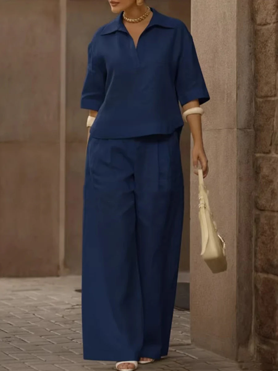 Solid Color Half Sleeves Lapel Blouses&Shirts Tops +  High Waisted Pleated Trousers Pants Two Pieces Set - Image 4
