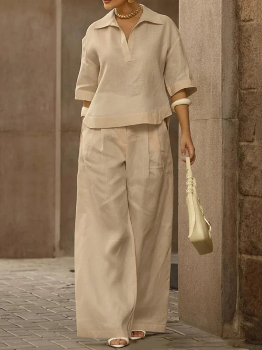 Solid Color Half Sleeves Lapel Blouses&Shirts Tops +  High Waisted Pleated Trousers Pants Two Pieces Set - Image 5