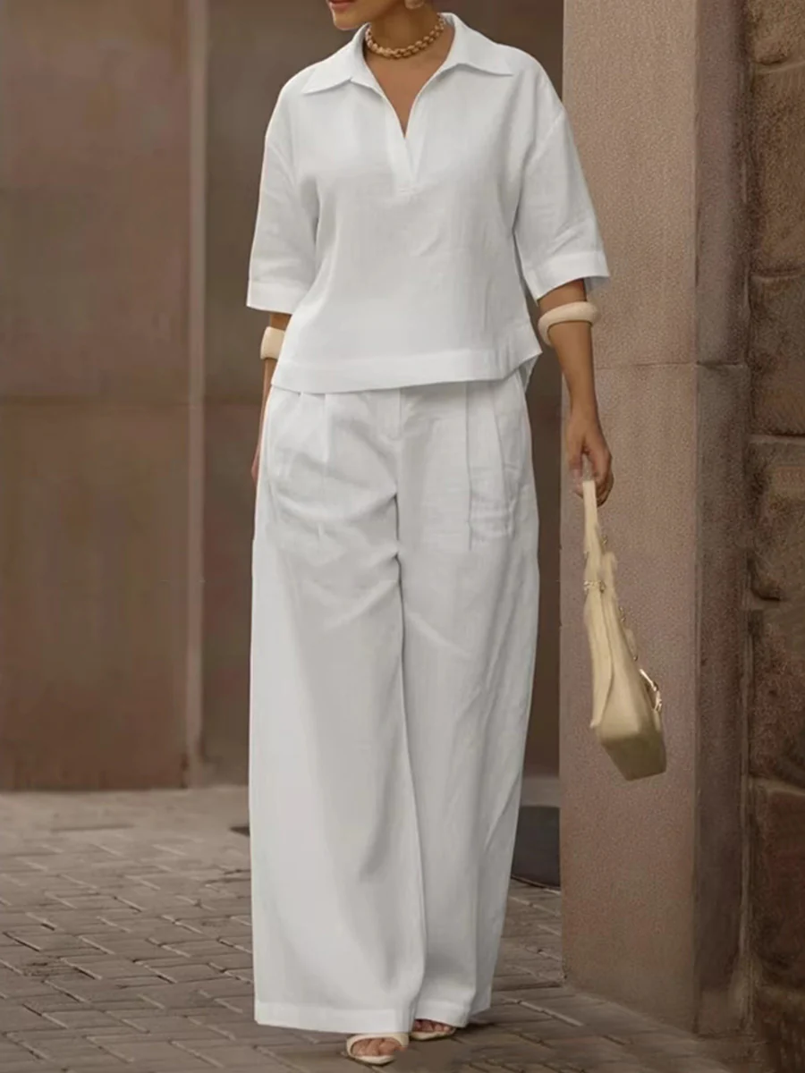 Solid Color Half Sleeves Lapel Blouses&Shirts Tops +  High Waisted Pleated Trousers Pants Two Pieces Set - Image 6