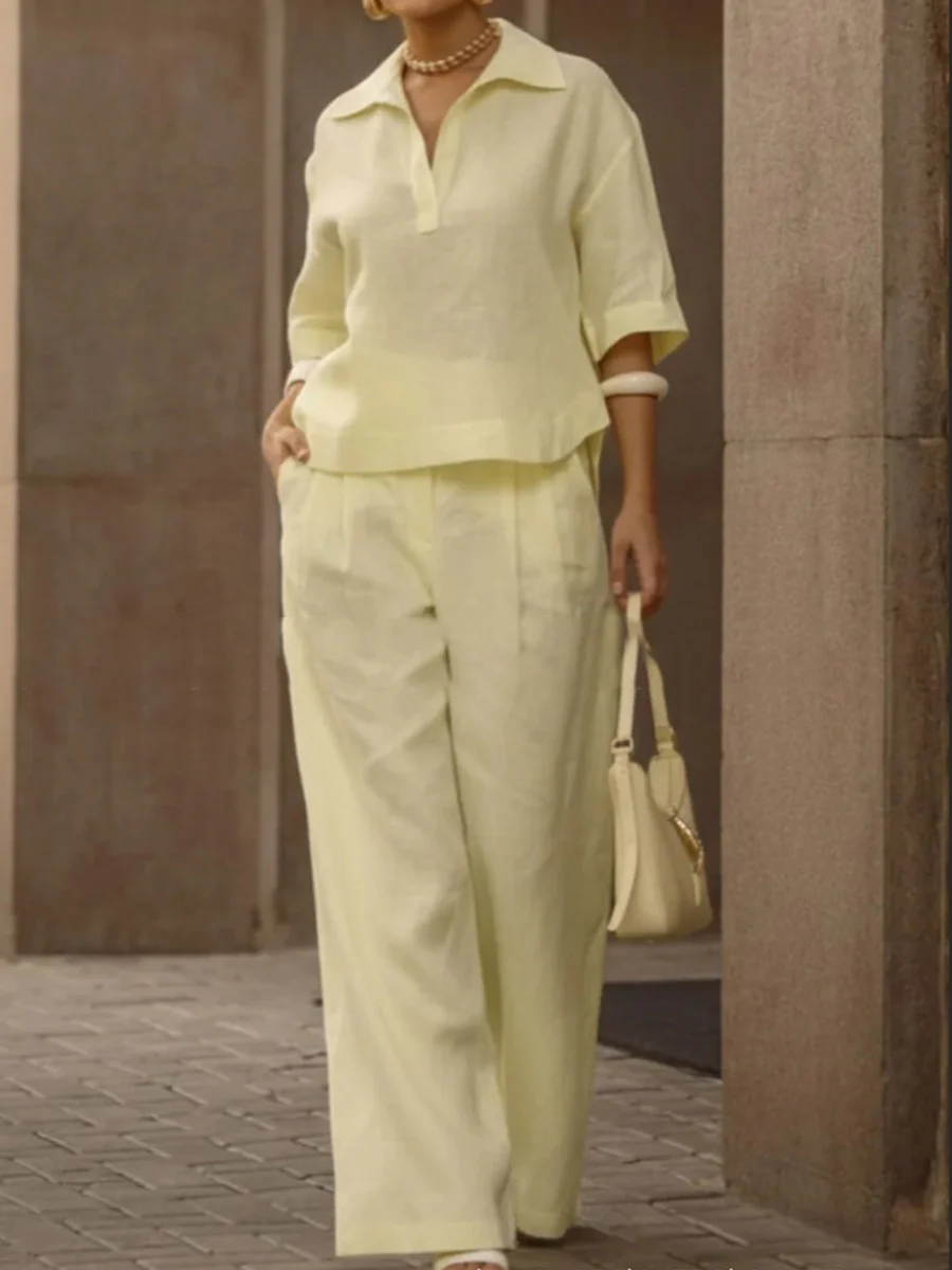 Solid Color Half Sleeves Lapel Blouses&Shirts Tops +  High Waisted Pleated Trousers Pants Two Pieces Set - Image 7