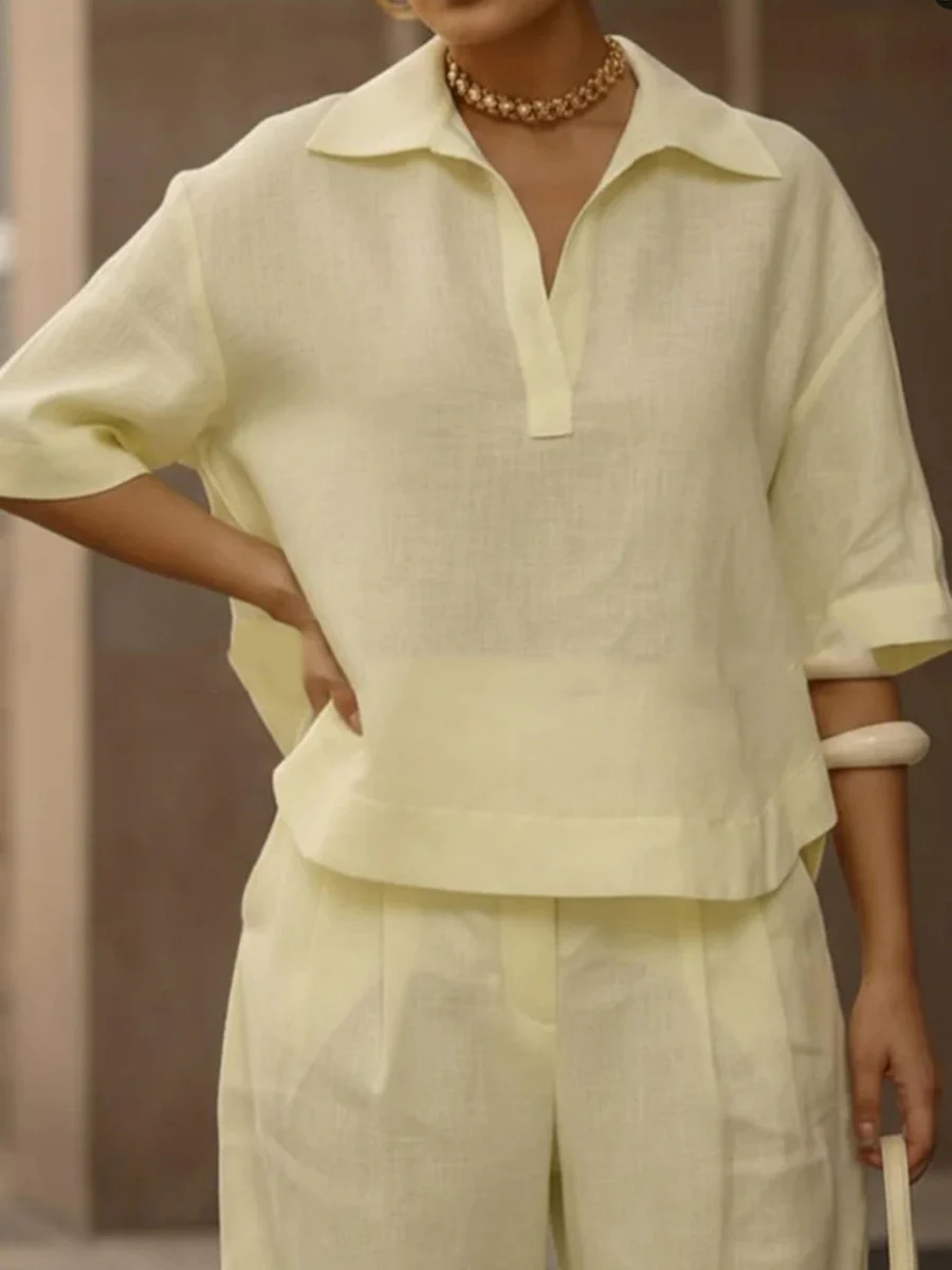 Solid Color Half Sleeves Lapel Blouses&Shirts Tops +  High Waisted Pleated Trousers Pants Two Pieces Set - Image 8
