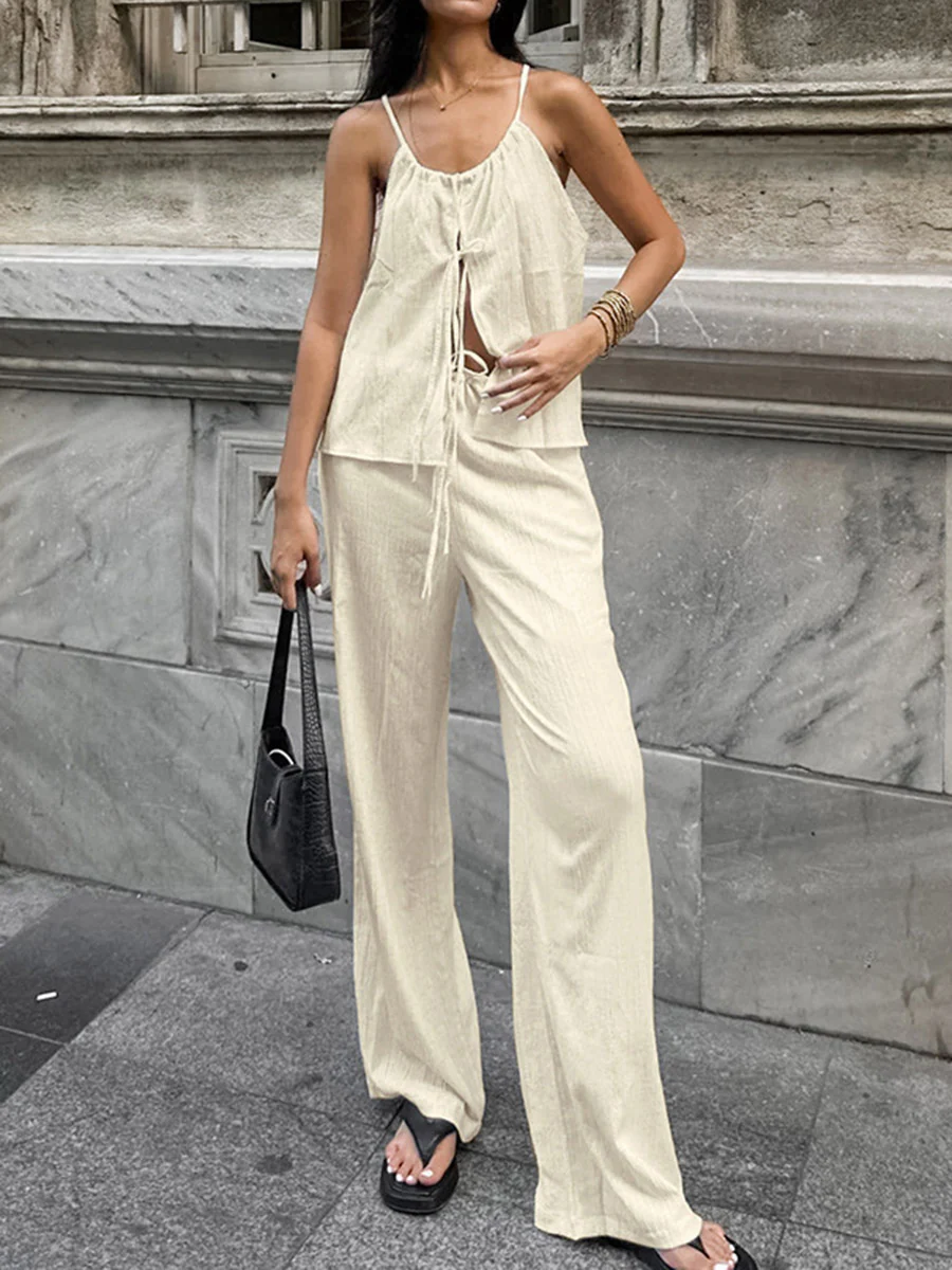 Solid Color Halter-Neck Cropped Pleated Split-Joint Tank Top + High Waisted Elasticity Tied Waist Pants Trousers Two Pieces Set