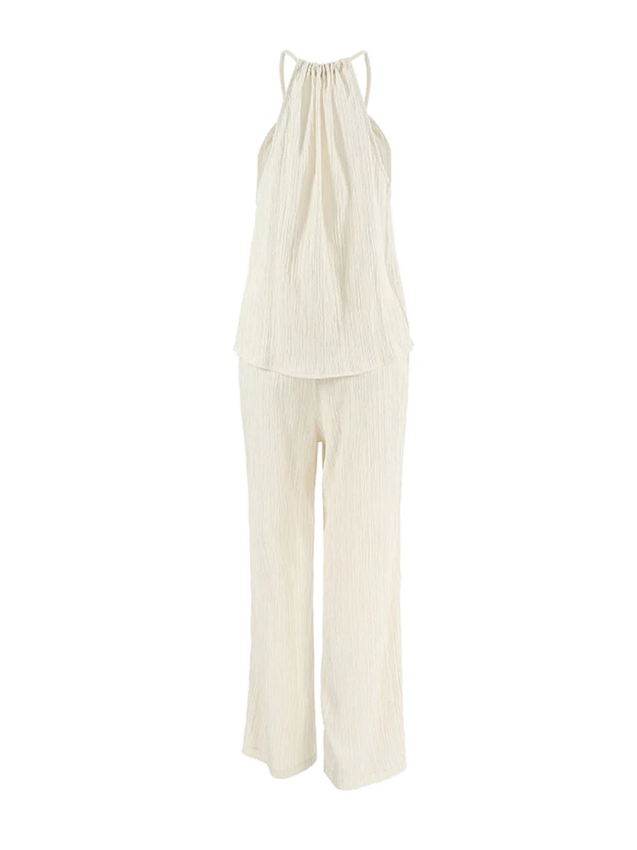Solid Color Halter-Neck Cropped Pleated Split-Joint Tank Top + High Waisted Elasticity Tied Waist Pants Trousers Two Pieces Set - Image 10
