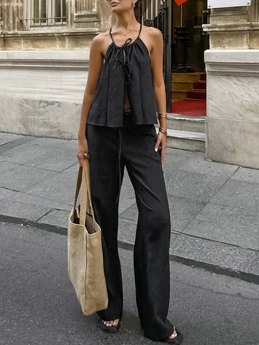 Solid Color Halter-Neck Cropped Pleated Split-Joint Tank Top + High Waisted Elasticity Tied Waist Pants Trousers Two Pieces Set - Image 2