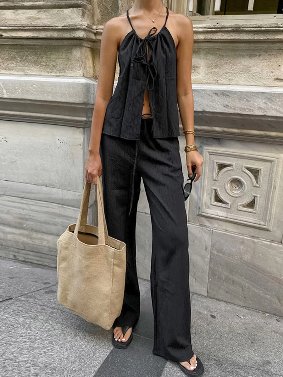 Solid Color Halter-Neck Cropped Pleated Split-Joint Tank Top + High Waisted Elasticity Tied Waist Pants Trousers Two Pieces Set - Image 3