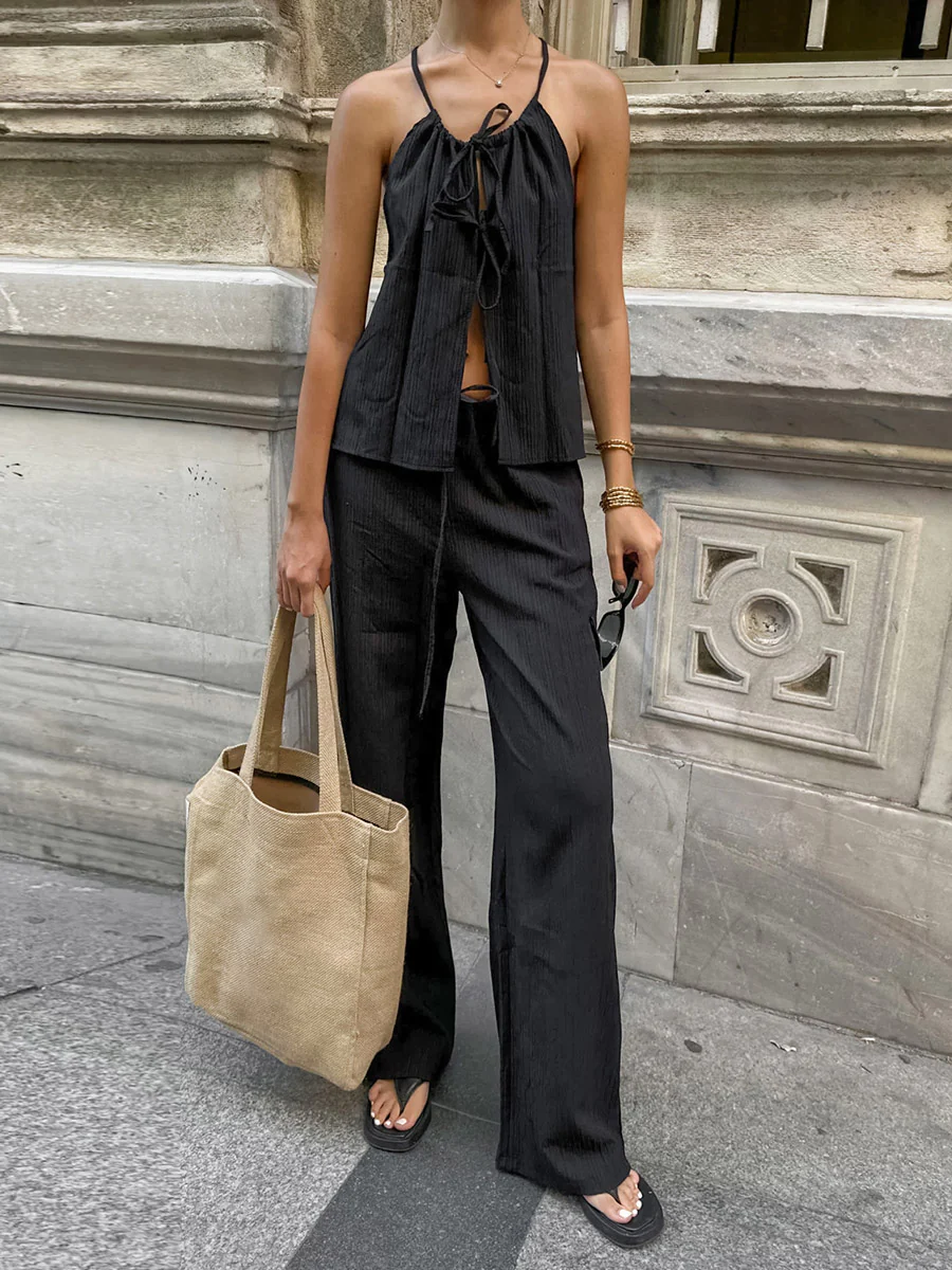 Solid Color Halter-Neck Cropped Pleated Split-Joint Tank Top + High Waisted Elasticity Tied Waist Pants Trousers Two Pieces Set - Image 4