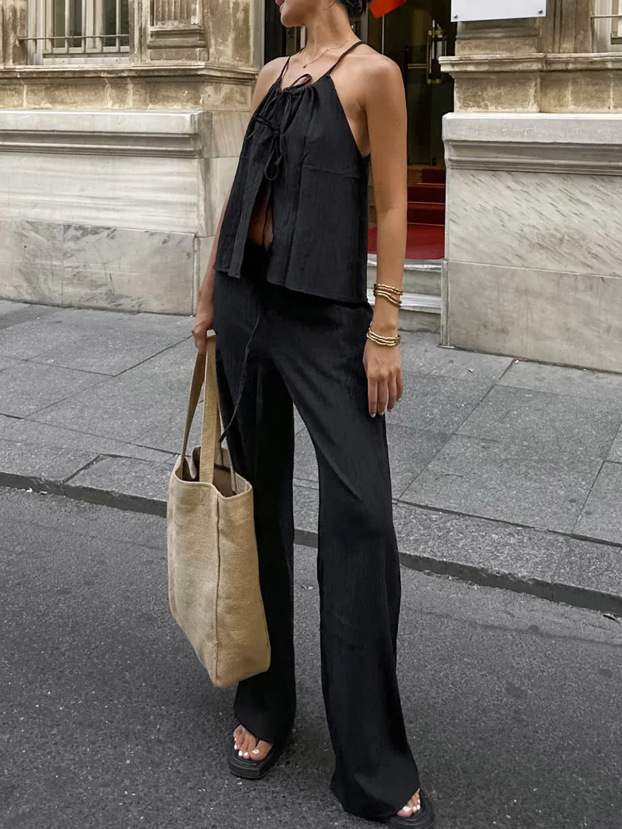 Solid Color Halter-Neck Cropped Pleated Split-Joint Tank Top + High Waisted Elasticity Tied Waist Pants Trousers Two Pieces Set - Image 5