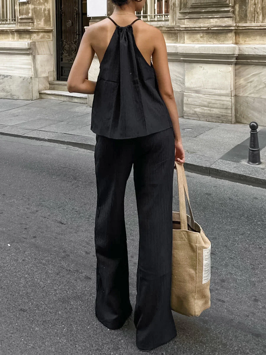 Solid Color Halter-Neck Cropped Pleated Split-Joint Tank Top + High Waisted Elasticity Tied Waist Pants Trousers Two Pieces Set - Image 6