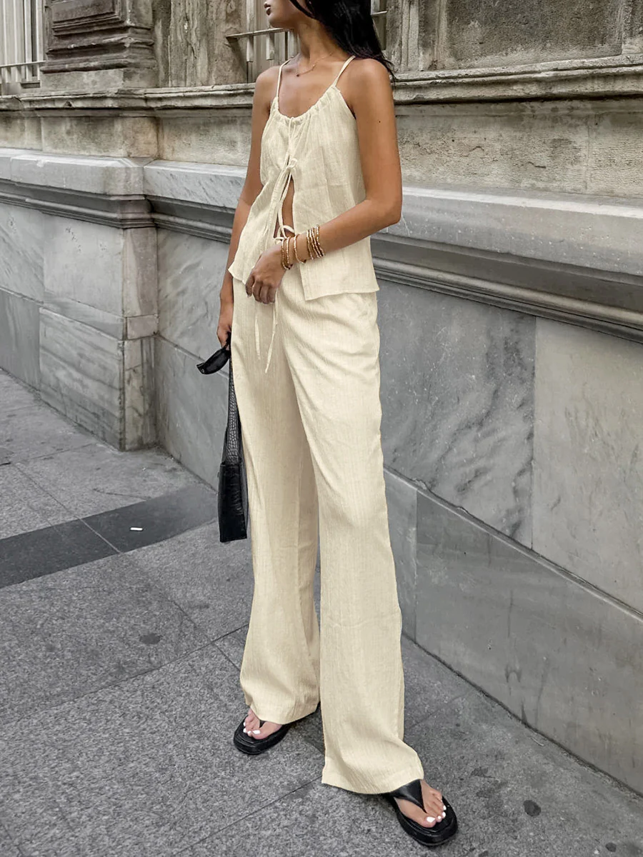 Solid Color Halter-Neck Cropped Pleated Split-Joint Tank Top + High Waisted Elasticity Tied Waist Pants Trousers Two Pieces Set - Image 8