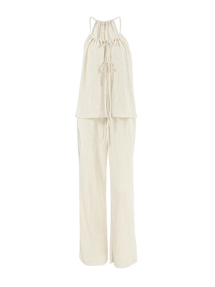 Solid Color Halter-Neck Cropped Pleated Split-Joint Tank Top + High Waisted Elasticity Tied Waist Pants Trousers Two Pieces Set - Image 9