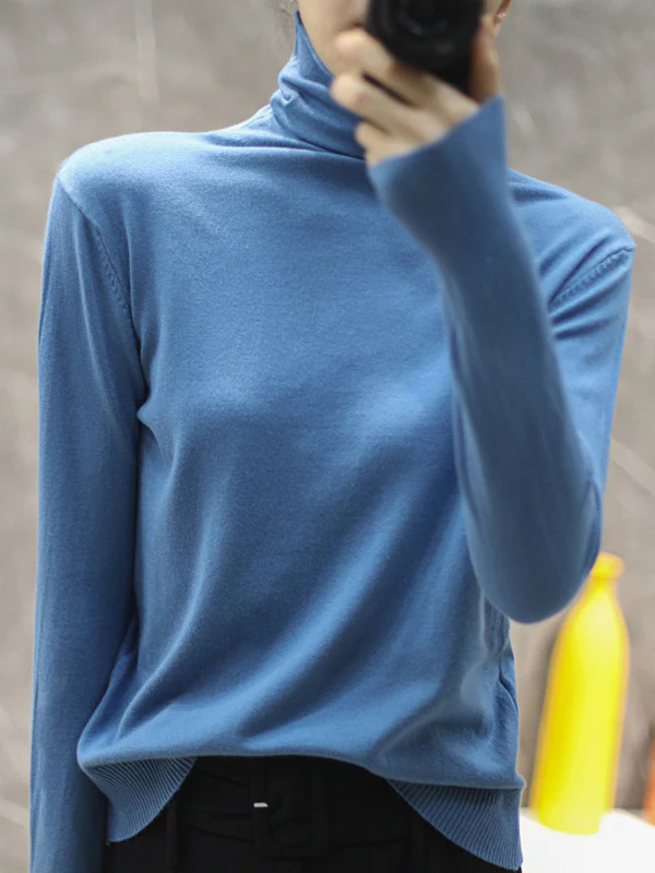 Solid Color Heaps Collar Long Sleeve Knitwear Tops - Image 10