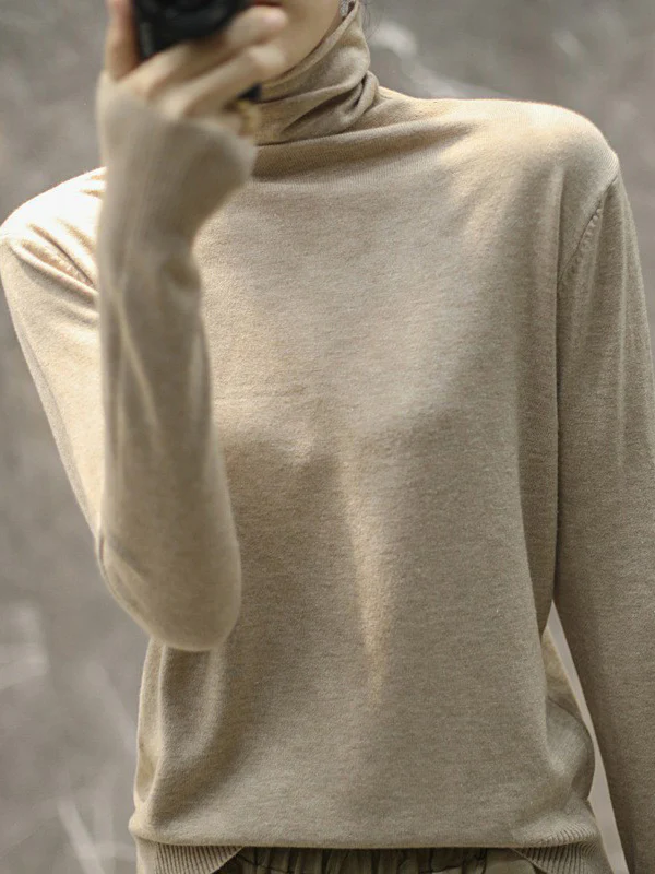 Solid Color Heaps Collar Long Sleeve Knitwear Tops - Image 3