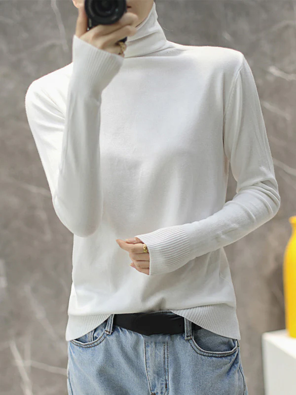 Solid Color Heaps Collar Long Sleeve Knitwear Tops - Image 4