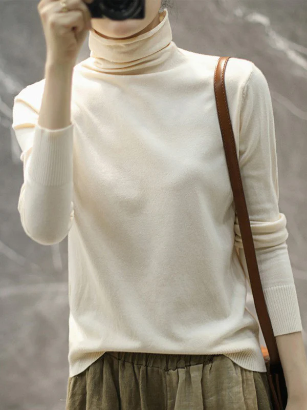 Solid Color Heaps Collar Long Sleeve Knitwear Tops - Image 5
