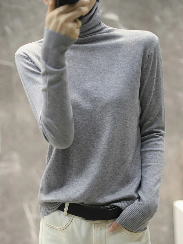 Solid Color Heaps Collar Long Sleeve Knitwear Tops - Image 6