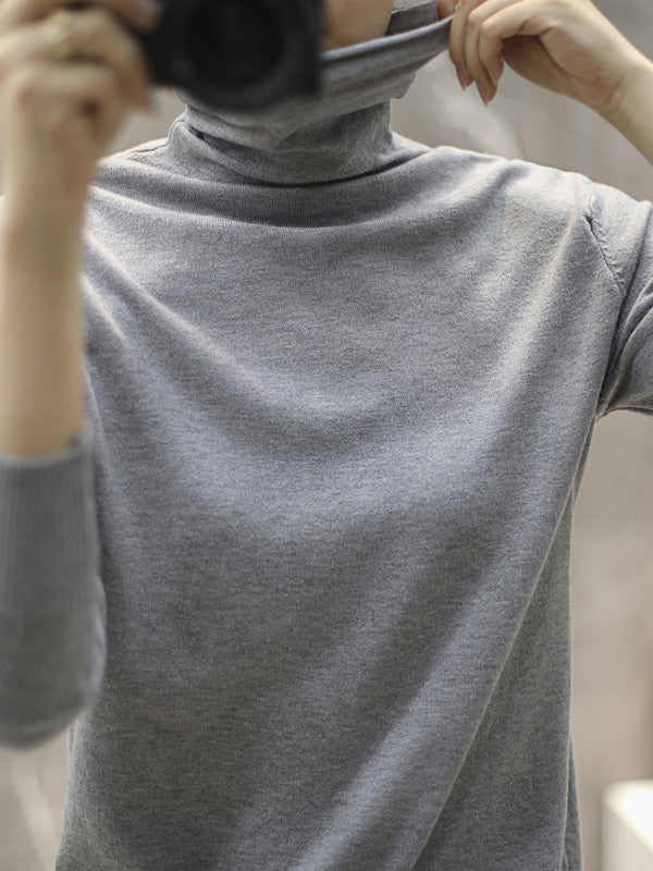 Solid Color Heaps Collar Long Sleeve Knitwear Tops - Image 7