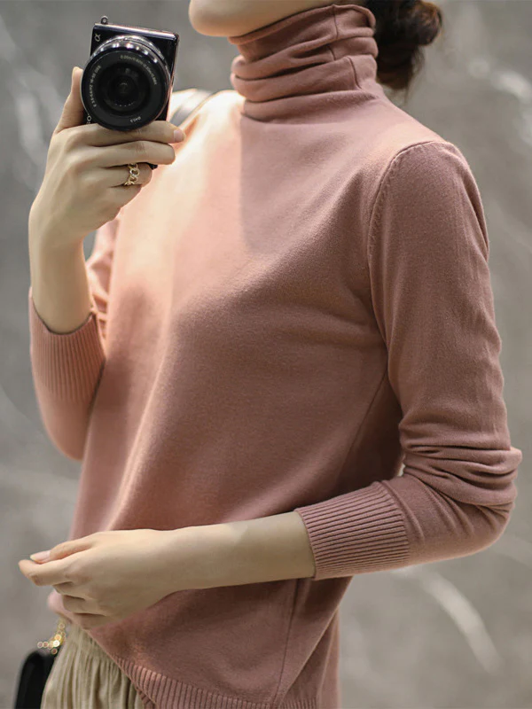 Solid Color Heaps Collar Long Sleeve Knitwear Tops - Image 8