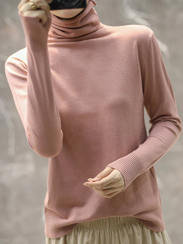 Solid Color Heaps Collar Long Sleeve Knitwear Tops - Image 9