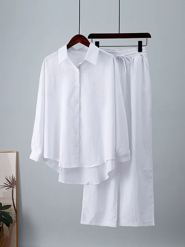 Solid Color High-Low Long Sleeves Lapel Blouses + Drawstring Pants Two Pieces Set - Image 10