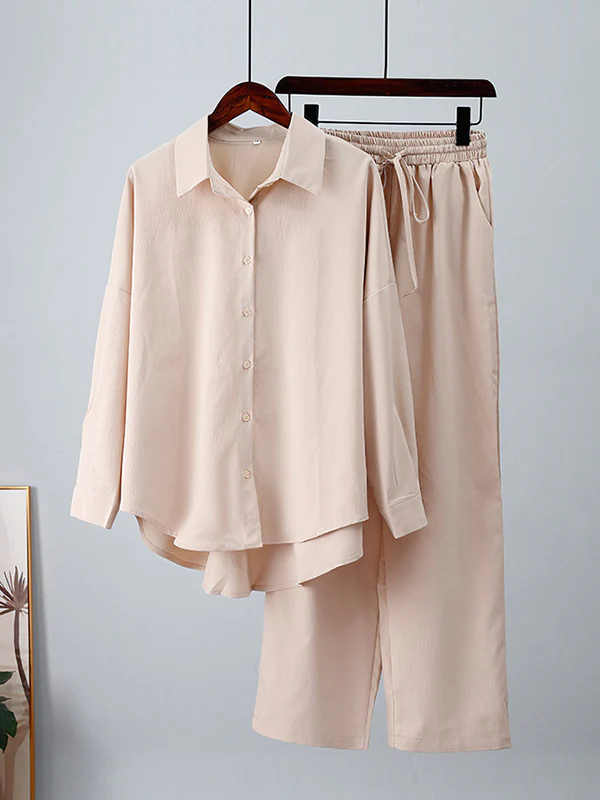 Solid Color High-Low Long Sleeves Lapel Blouses + Drawstring Pants Two Pieces Set - Image 11