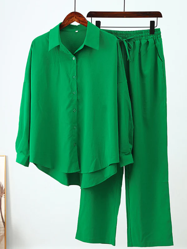 Solid Color High-Low Long Sleeves Lapel Blouses + Drawstring Pants Two Pieces Set - Image 12