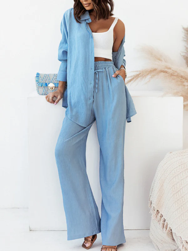 Solid Color High-Low Long Sleeves Lapel Blouses + Drawstring Pants Two Pieces Set - Image 5