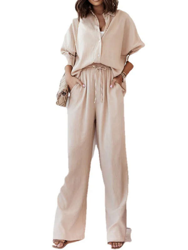 Solid Color High-Low Long Sleeves Lapel Blouses + Drawstring Pants Two Pieces Set - Image 6