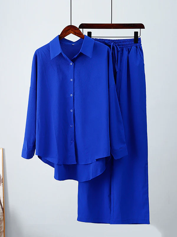 Solid Color High-Low Long Sleeves Lapel Blouses + Drawstring Pants Two Pieces Set - Image 7
