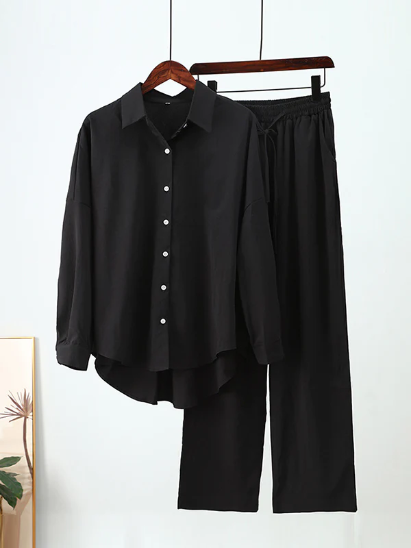 Solid Color High-Low Long Sleeves Lapel Blouses + Drawstring Pants Two Pieces Set - Image 8