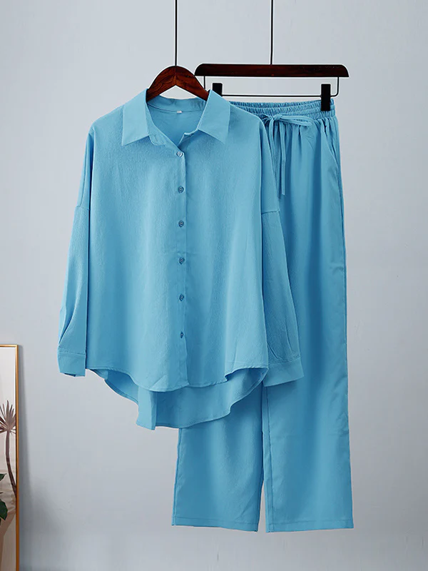 Solid Color High-Low Long Sleeves Lapel Blouses + Drawstring Pants Two Pieces Set - Image 9