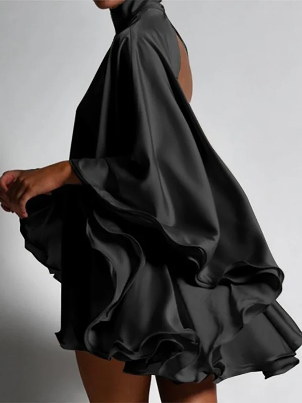 Solid Color High-Neck Backless Flared Sleeves Mini Dress - Image 3
