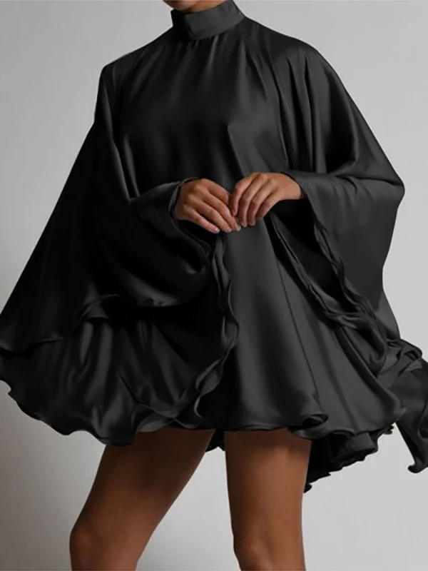 Solid Color High-Neck Backless Flared Sleeves Mini Dress - Image 4