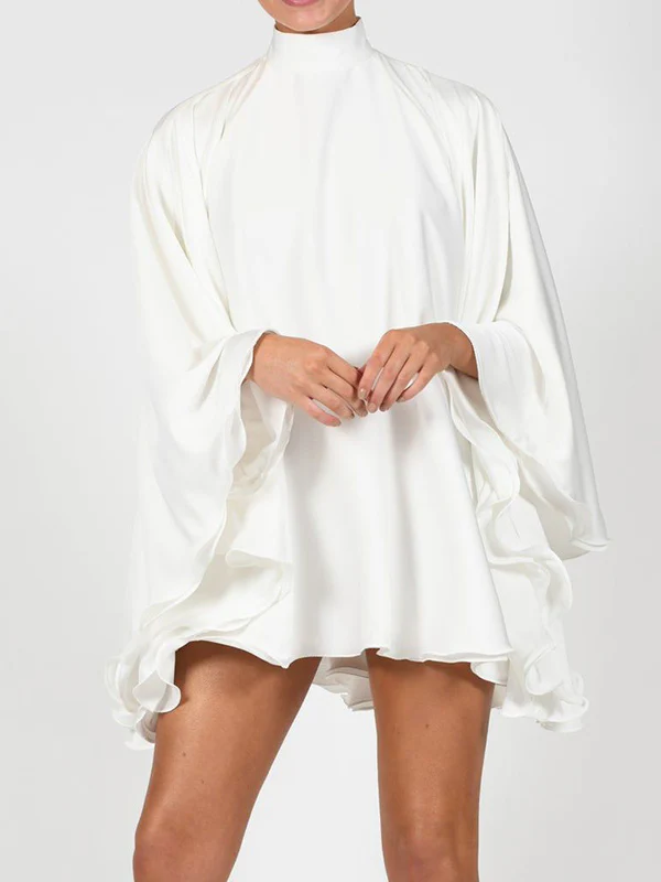 Solid Color High-Neck Backless Flared Sleeves Mini Dress - Image 5